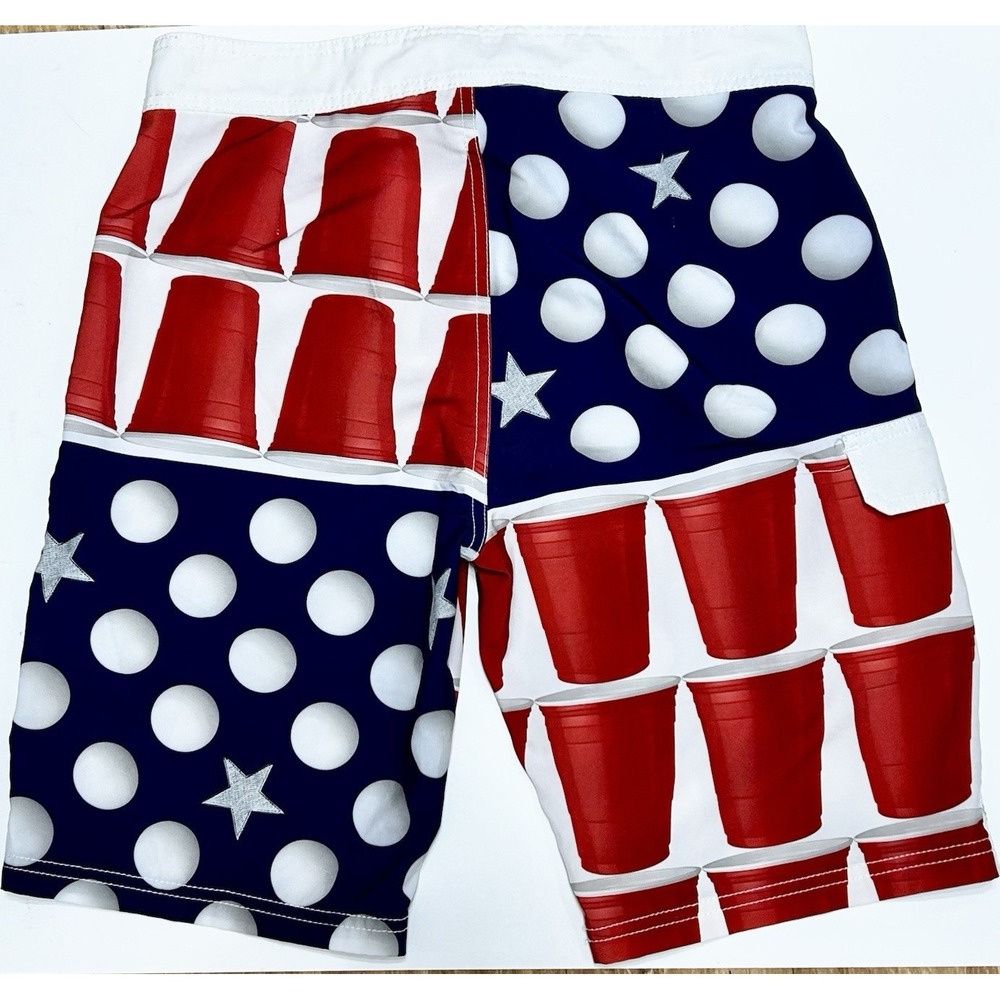 Carbon BEER PONG design Board shorts Size 30 red white blue drawstring